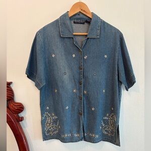 Vintage Women’s Cottagecore Floral Embroidered Denim Short Sleeve Cotton Shirt